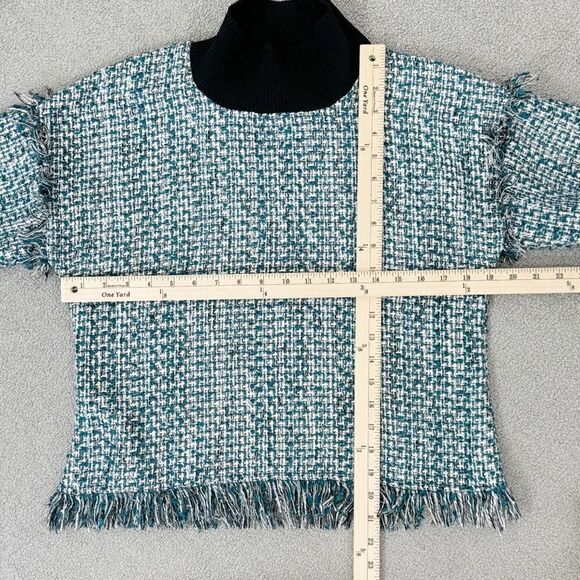 Zara Tweed Fringe Hem Mock Neck Shirt Teal White Large Crop - Picture 11 of 12